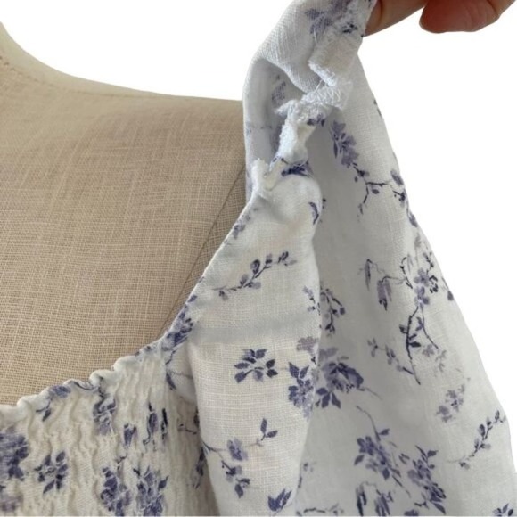 Reformation Midi Dress Smocked Puff Sleeves White Linen Floral Long Slit Medium - Picture 15 of 15